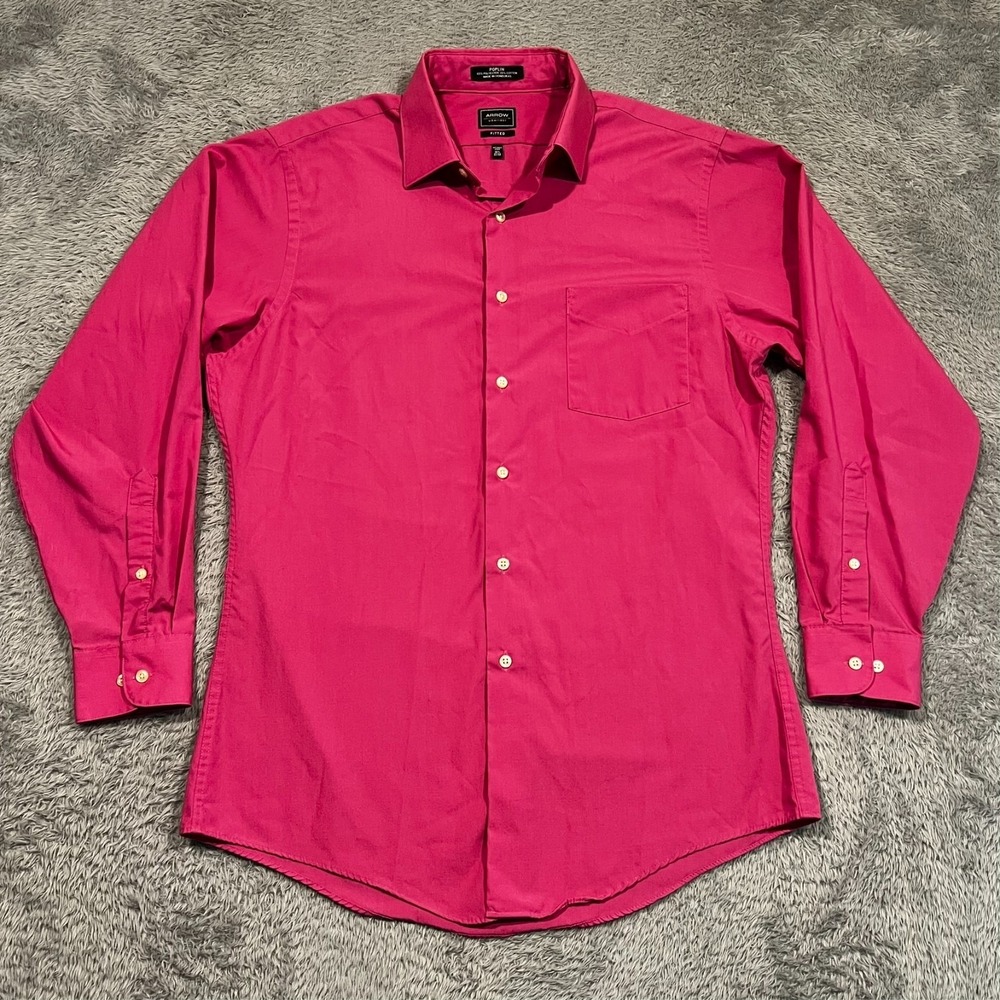 Arrow Dress Shirt Men's 15.5 32/33 Fitted Poplin Magenta Barbiecore Bright